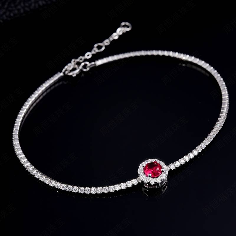 L1725款S925银镀18K白金圆形培育彩宝Bracelet主石5.0mm