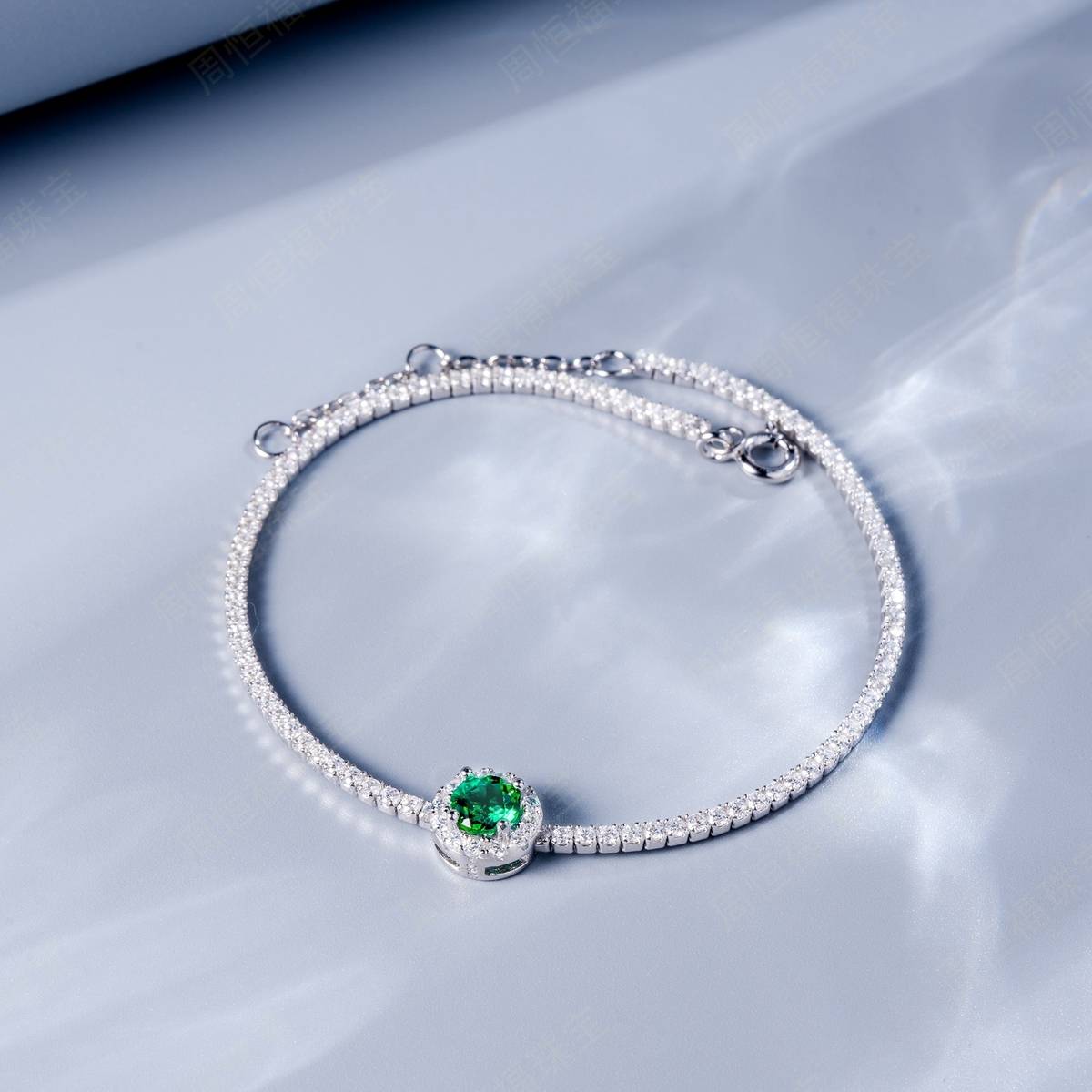 L1725款S925银镀18K白金圆形培育彩宝Bracelet主石5.0mm
