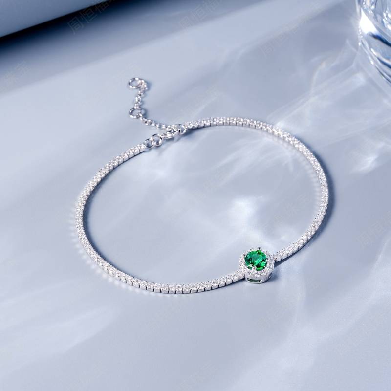L1725款S925银镀18K白金圆形培育彩宝Bracelet主石5.0mm