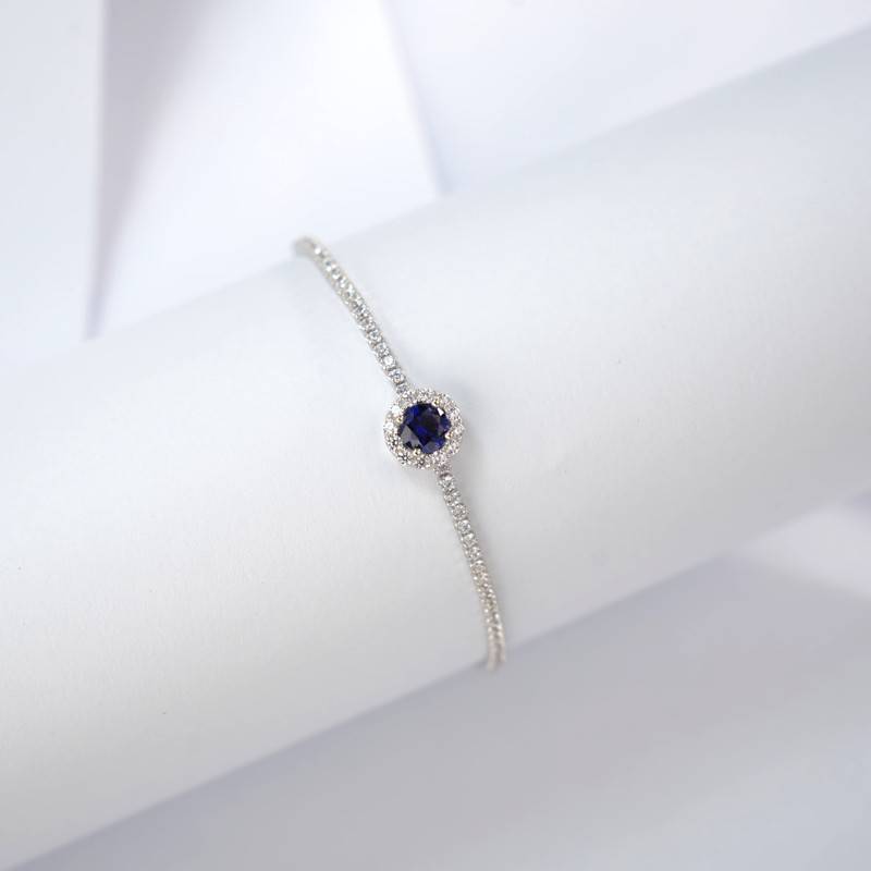 L1725款S925银镀18K白金圆形培育彩宝Bracelet主石5.0mm