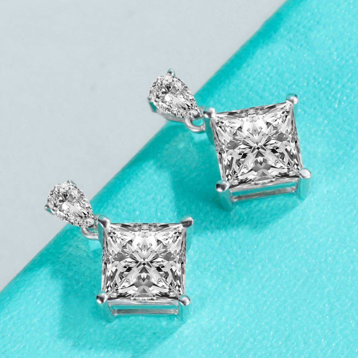 E210220011款S925银镀18K白金公主方MoissaniteStud Earring主石5.5mm/1.0ct/粒