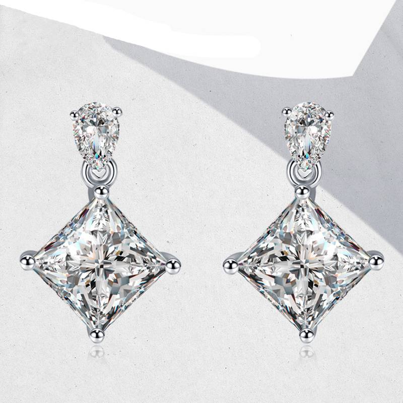 E210220011款S925银镀18K白金公主方MoissaniteStud Earring主石5.5mm/1.0ct/粒