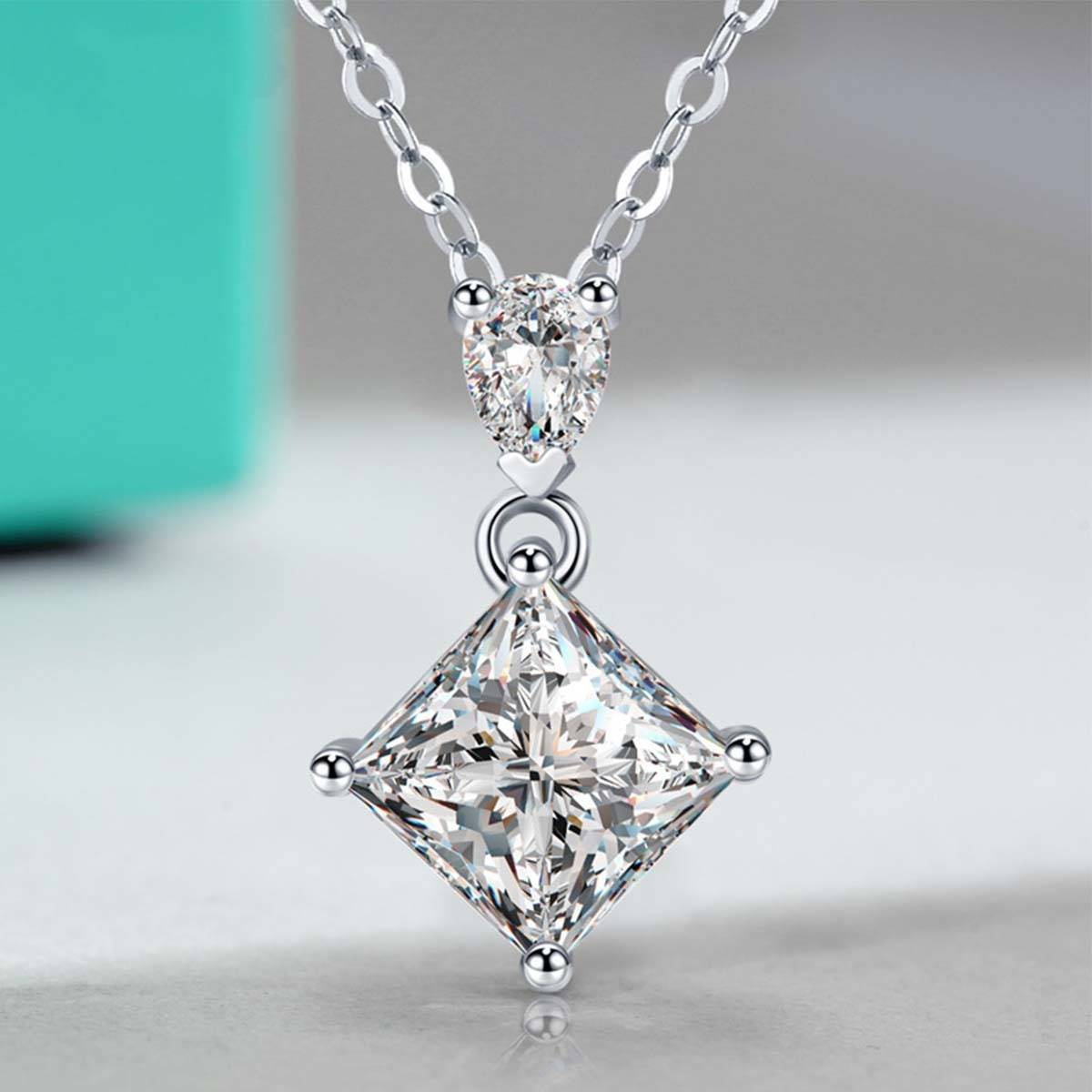 P210220011款S925银镀18K白金公主方莫桑钻项链主石1.0ct/5.5mm