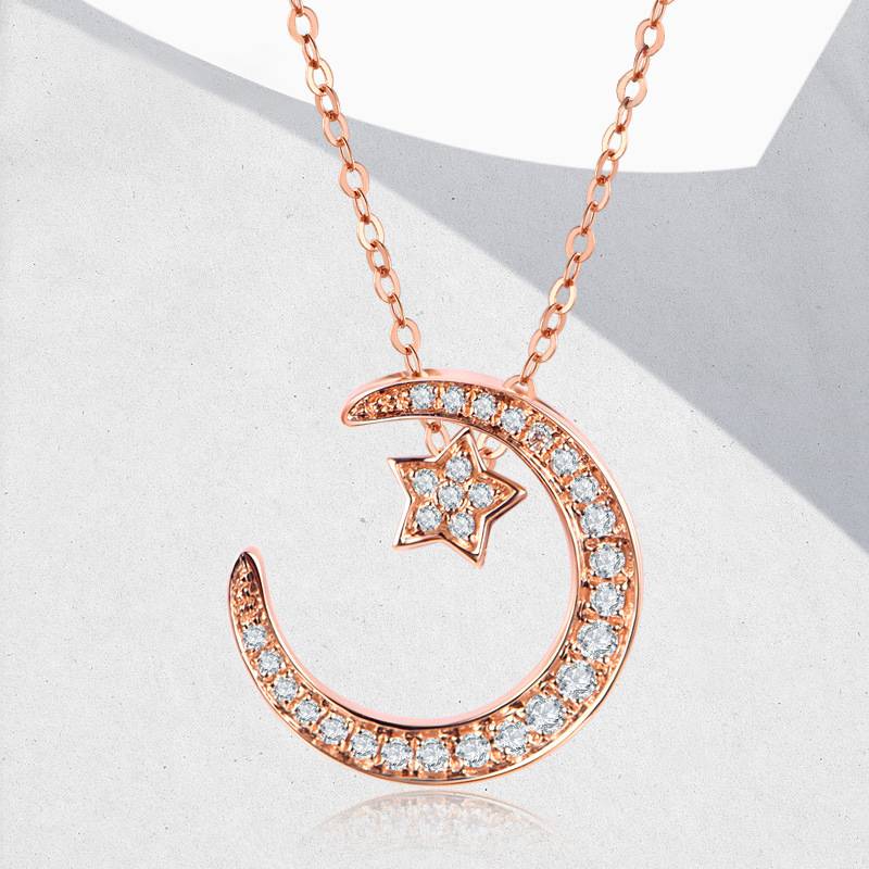 P45169款S925银镀18K金双面星月莫桑钻项链0.15ct