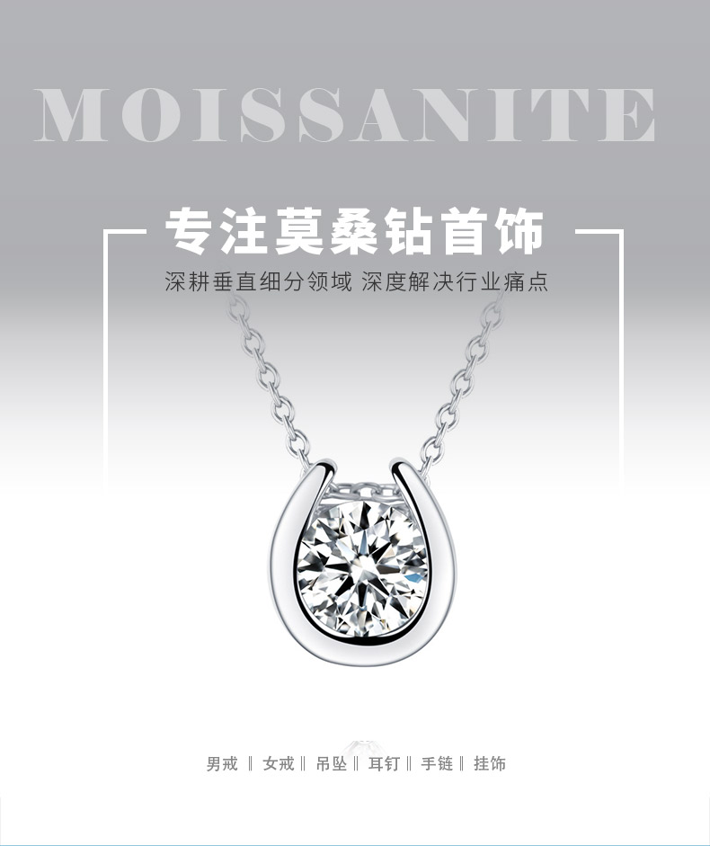P050085S925银镀18K白金马蹄莫桑钻项链主石1.0ct - 1