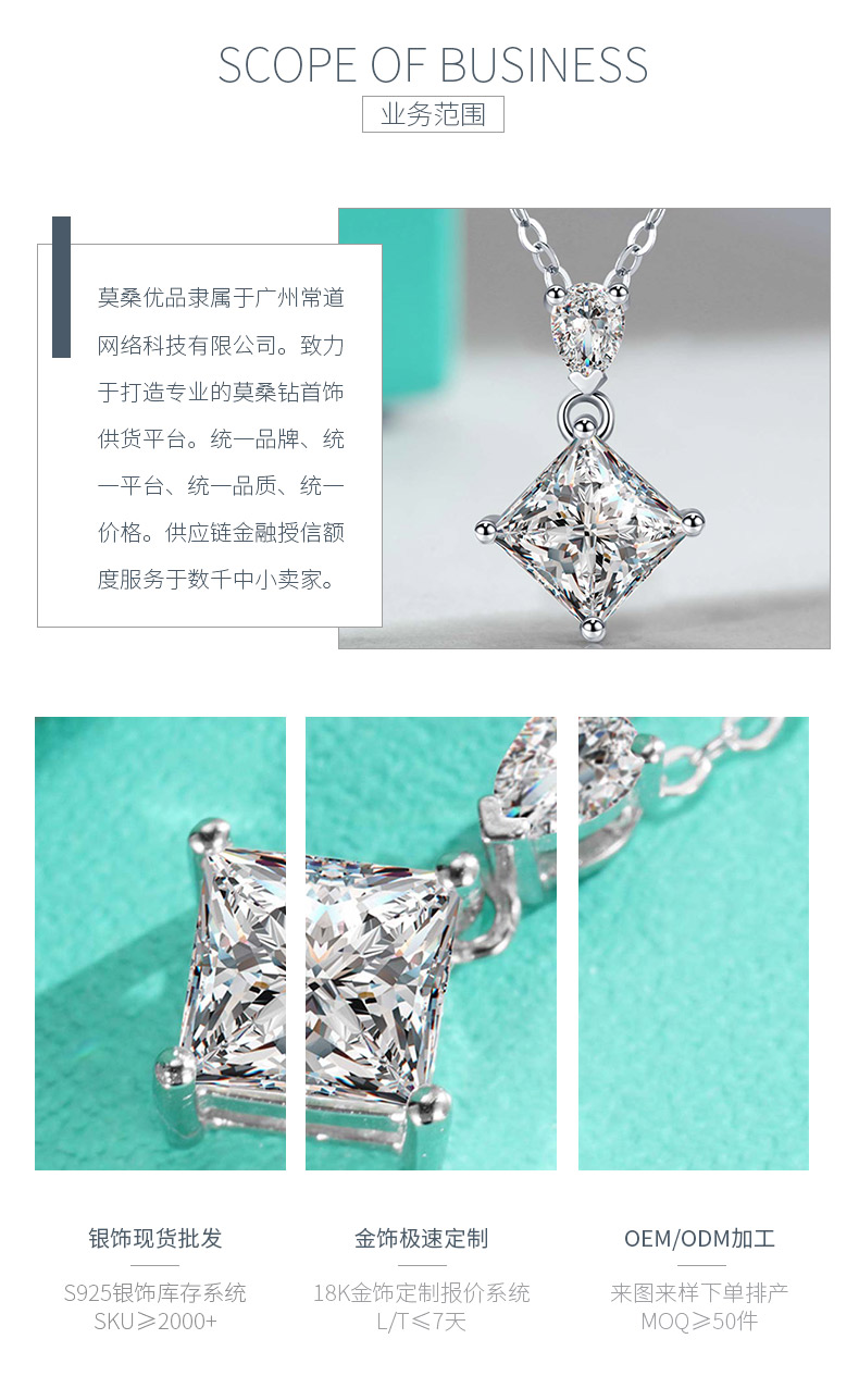 P210220011款S925银镀18K白金公主方莫桑钻项链主石1.0ct/5.5mm - 3