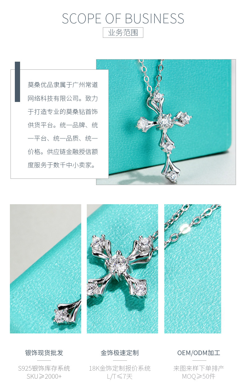 P210220019款S925银镀18K白金十字架莫桑钻项链主石0.2ct - 3