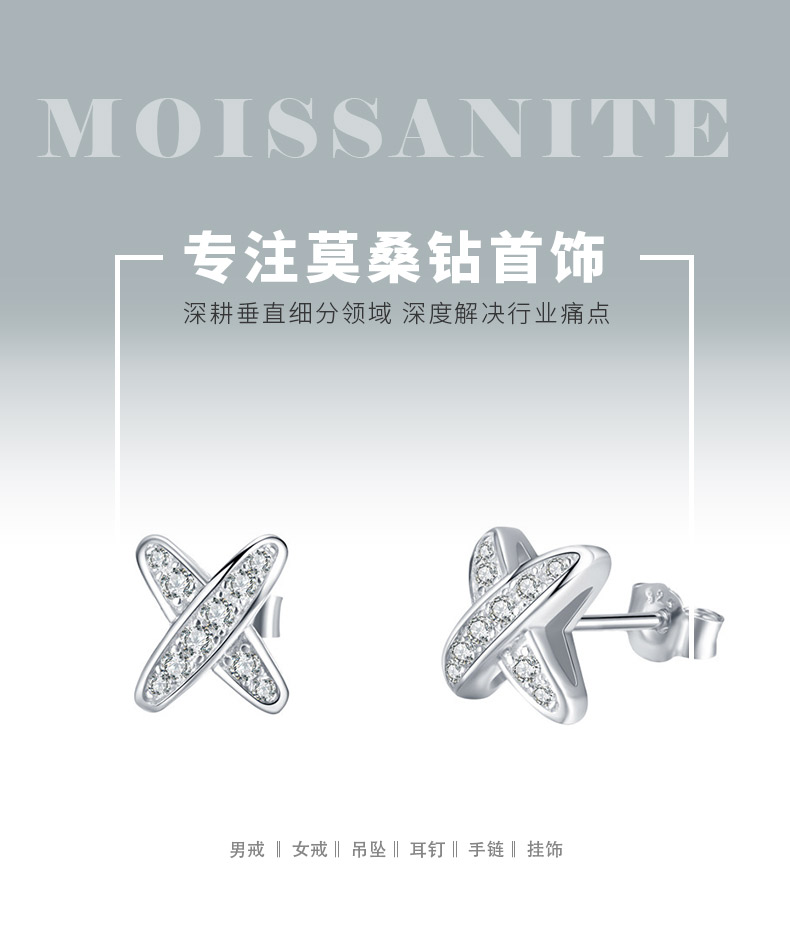 E56874款S925银镀18K白金嘻哈莫桑钻耳钉0.16ct - 1