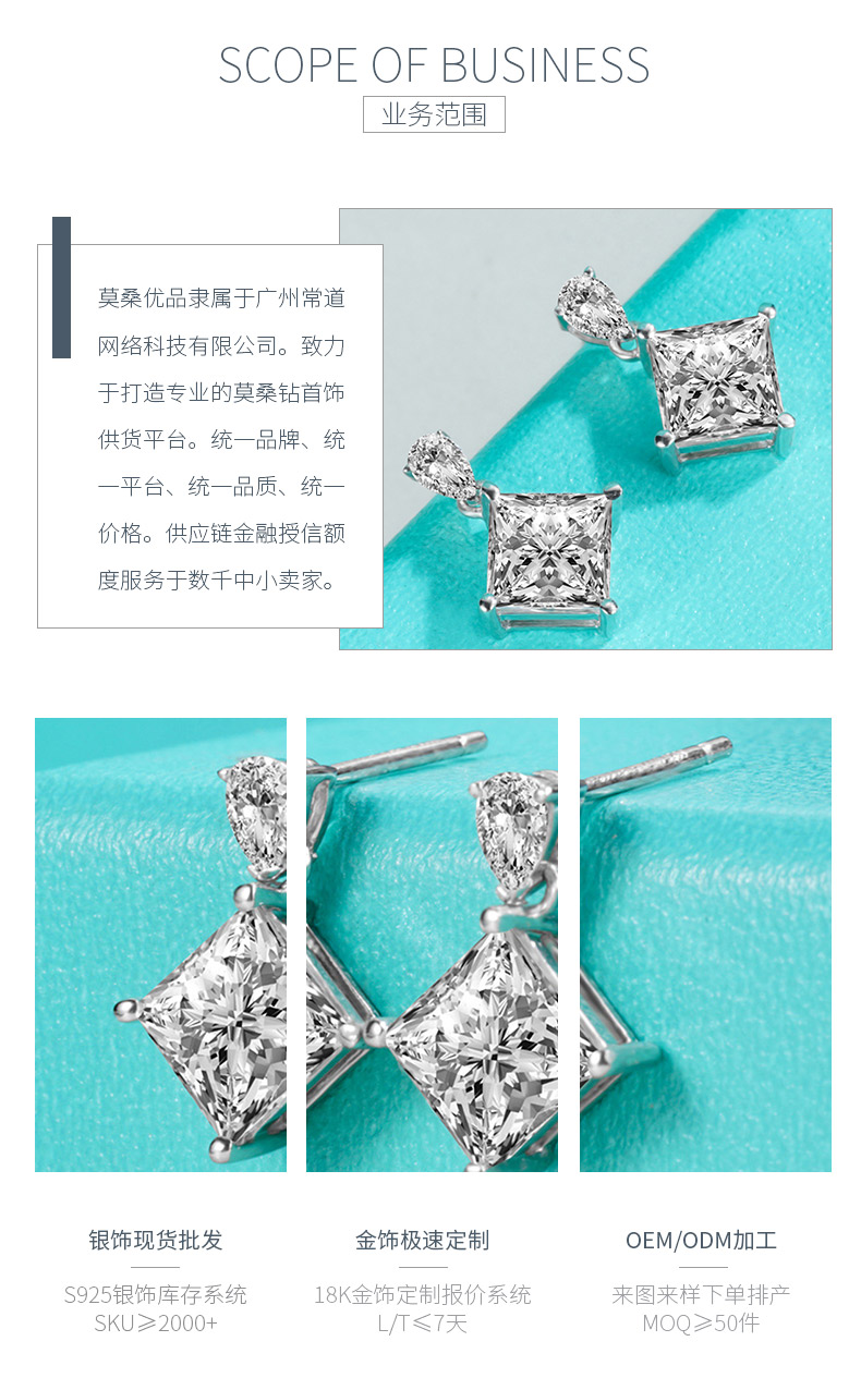 E210220011款S925银镀18K白金公主方莫桑钻耳钉主石5.5mm/1.0ct/粒 - 3
