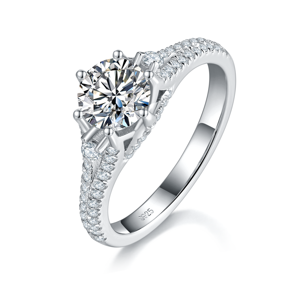 轻奢圆钻女戒S925银镀白金定制选款主石莫桑钻1.0ct/副石高碳钻