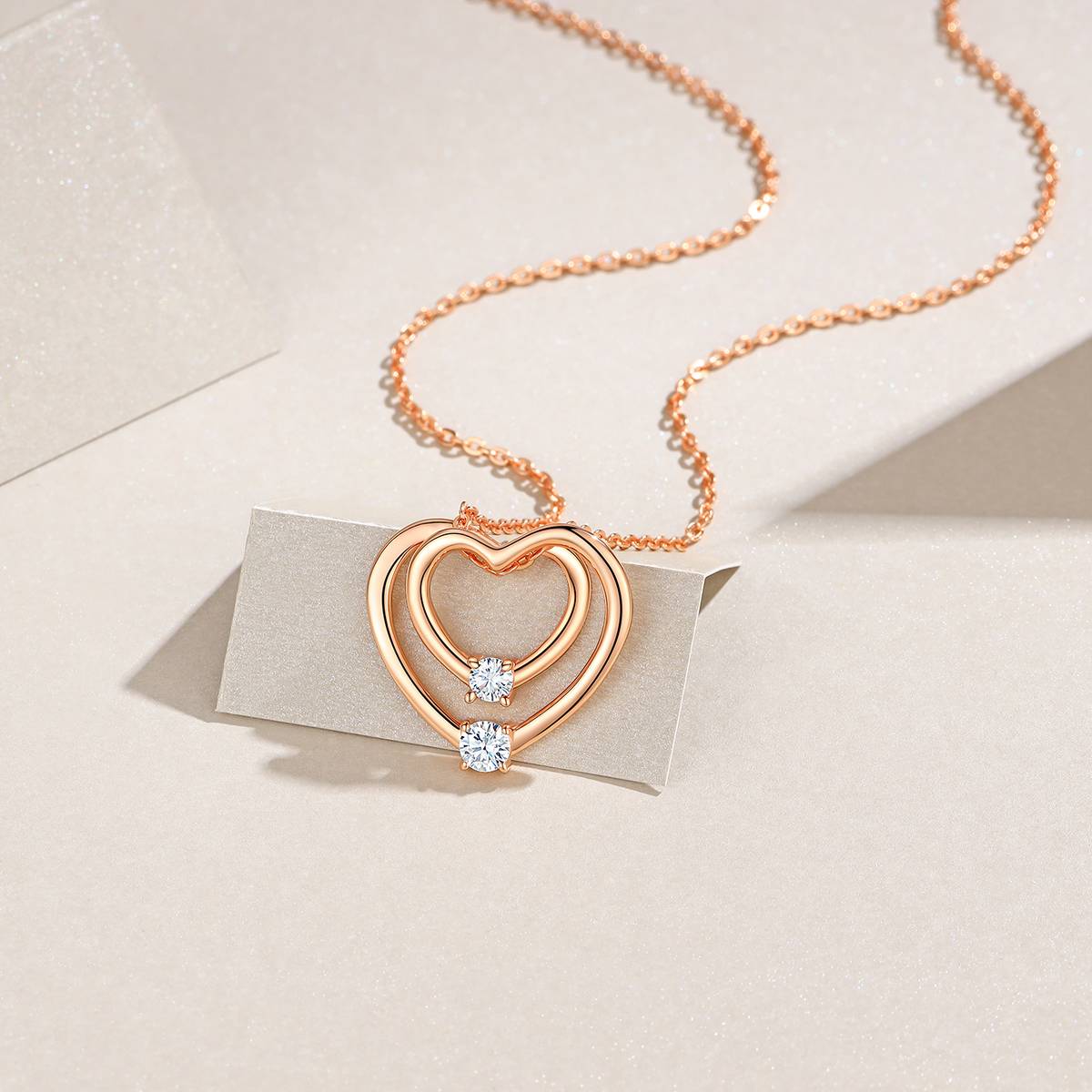 P15646款S925银镀18K玫瑰金双心MoissaniteNecklace0.5mm