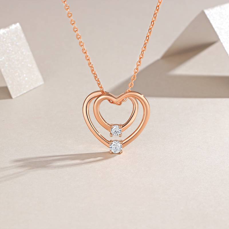 P15646款S925银镀18K玫瑰金双心MoissaniteNecklace0.5mm