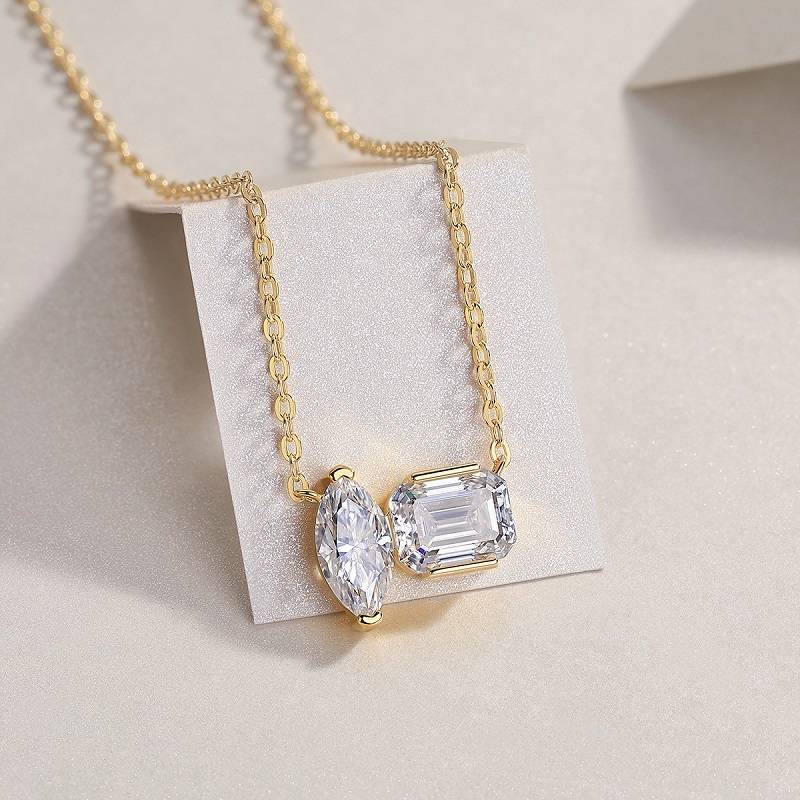 N14918款S925银镀18K黄金双石简约项链3.0ct