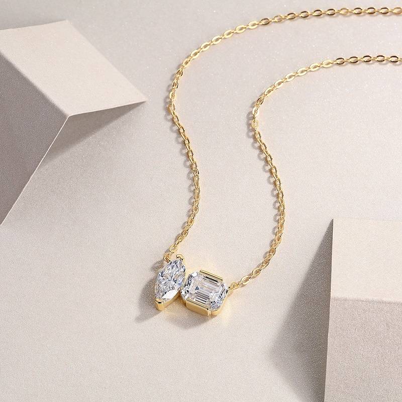 N14918款S925银镀18K黄金双石简约项链3.0ct