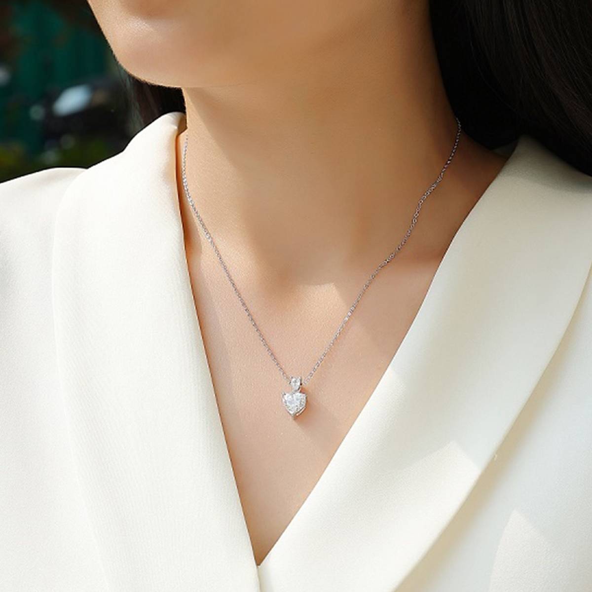P13784款S925银镀18K白金心形莫桑钻项链主石8.0mm/2.0ct