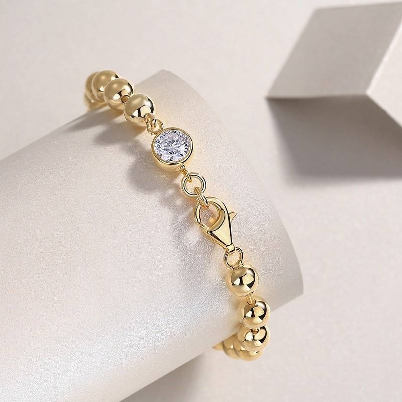L15136款S925银镀18K黄金圆珠MoissaniteBracelet1.0ct