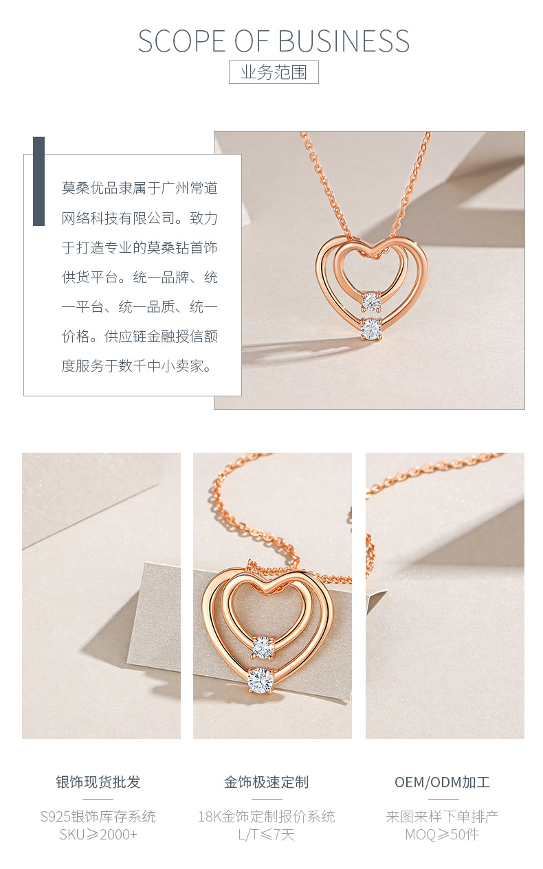 P15646款S925银镀18K玫瑰金双心莫桑钻项链0.5mm - 3