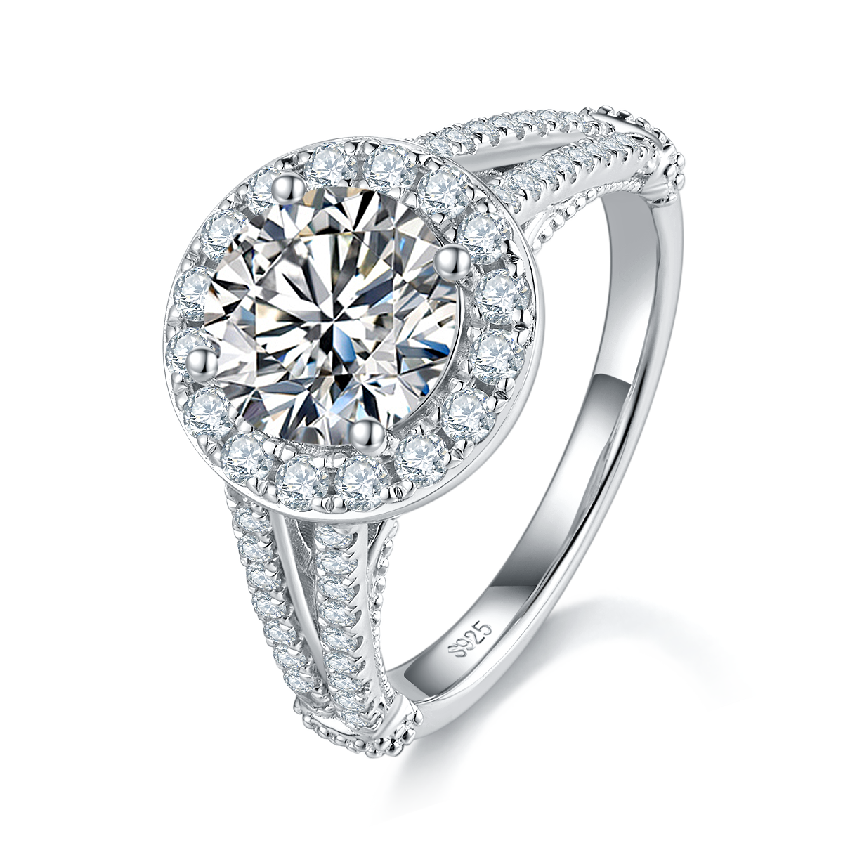 Y-shaped Round Bag Women's Ring S925 Silver Plated Platinum Customized Selection Main Stone Moissanite 2.0ct/Side Stone Cubic Zirconia