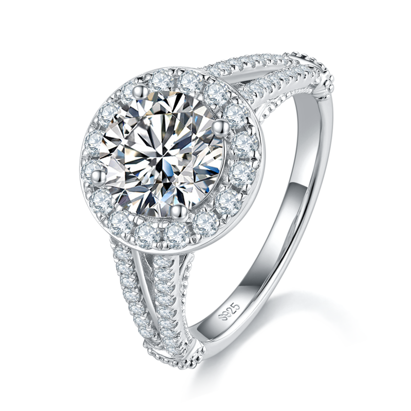 Y臂圆包女戒S925银镀白金定制选款主石莫桑钻2.0ct/副石高碳钻