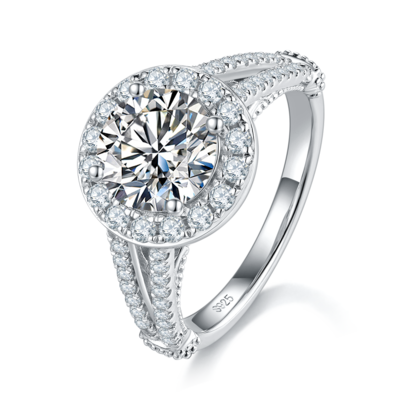 Y臂圆包女戒S925银镀白金定制选款主石莫桑钻2.0ct/副石高碳钻