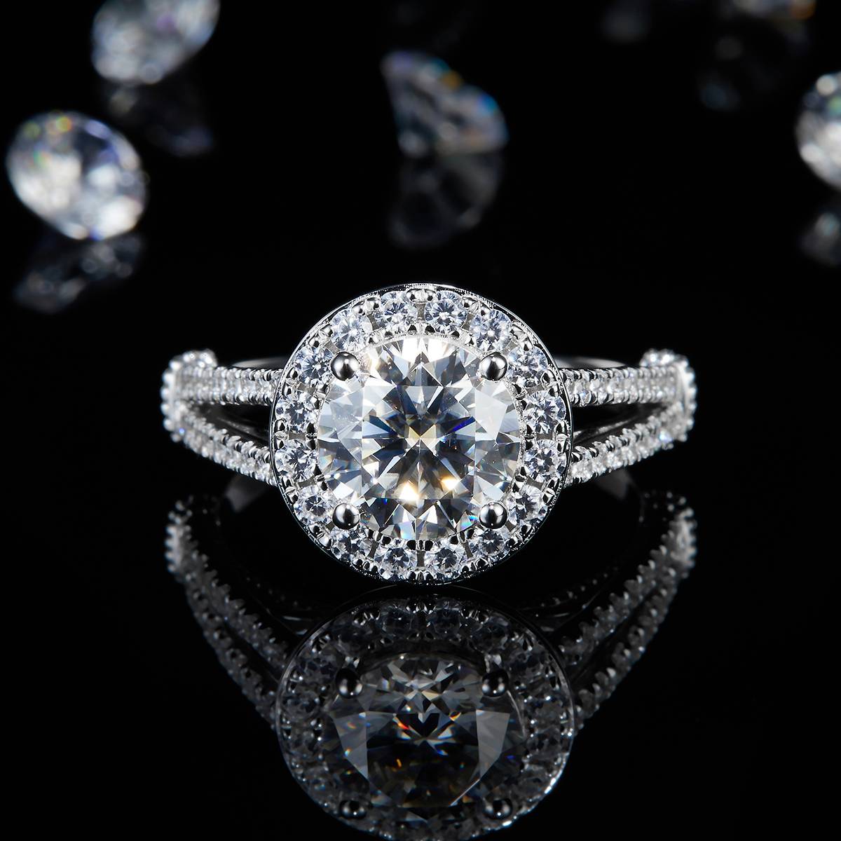 Y-shaped Round Bag Women's Ring S925 Silver Plated Platinum Customized Selection Main Stone Moissanite 2.0ct/Side Stone Cubic Zirconia