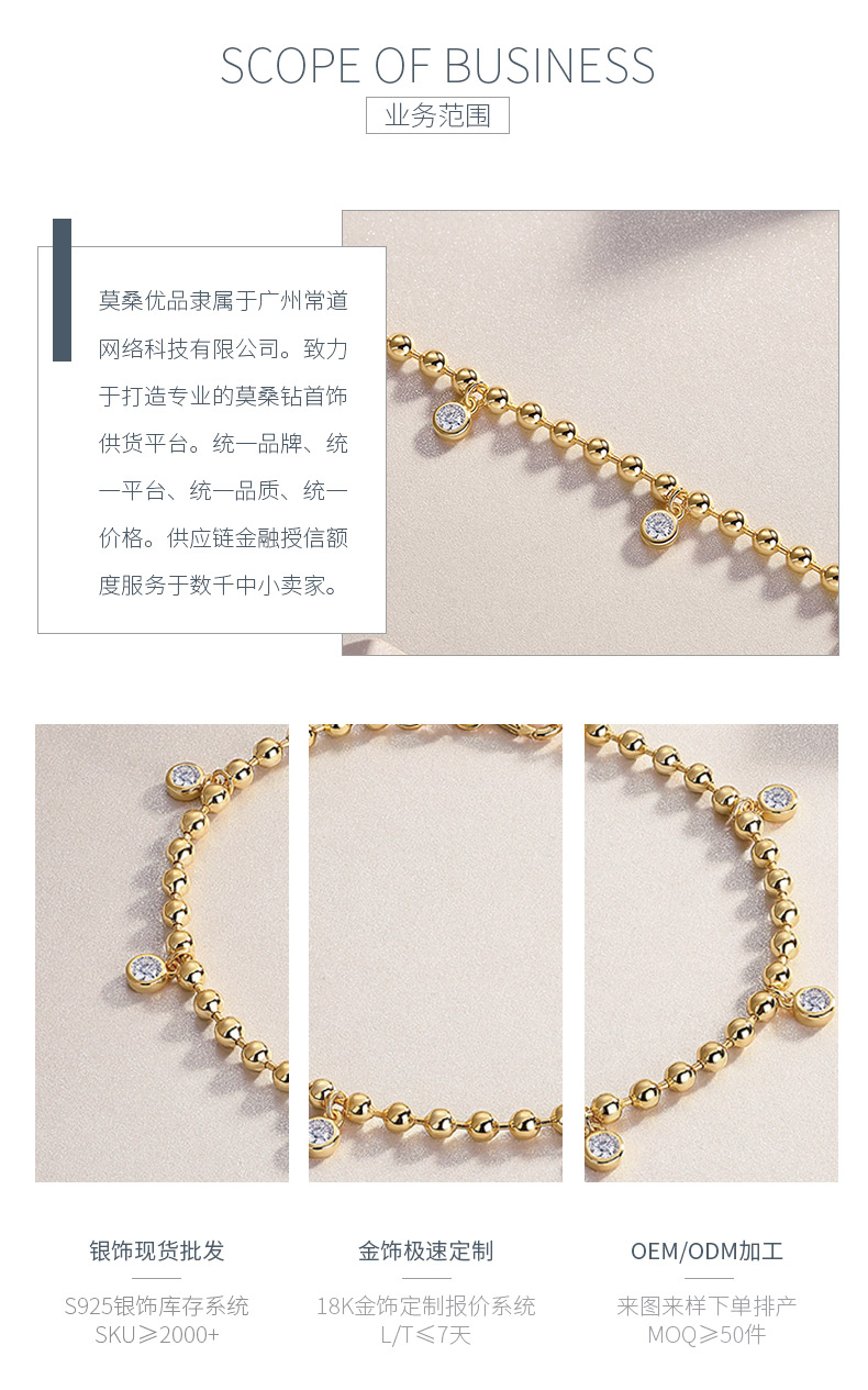 L15117款S925银镀18K黄金水泡圆珠莫桑钻手链0.6ct - 3