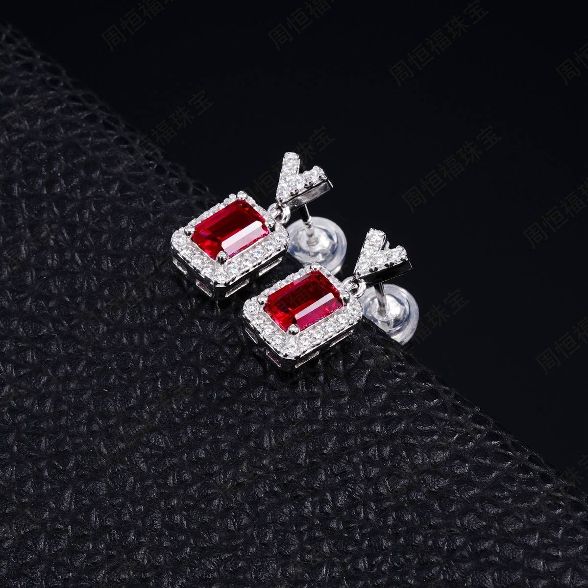E5509款S925银镀18K白金祖母绿切割培育彩宝耳环主石6*4mmmm/粒