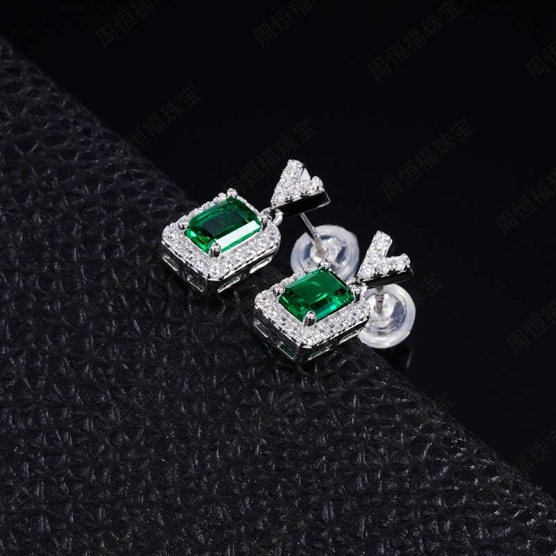 E5509款S925银镀18K白金祖母绿切割培育彩宝耳环主石6*4mmmm/粒