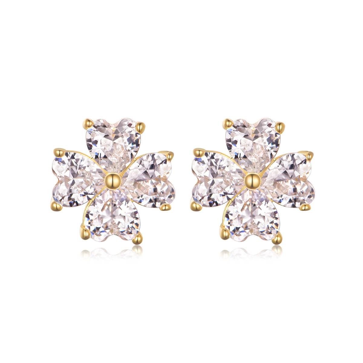 ME0023款S25银镀18K金心形Moissanite四叶草Stud Earring2.4ct/4.0mm
