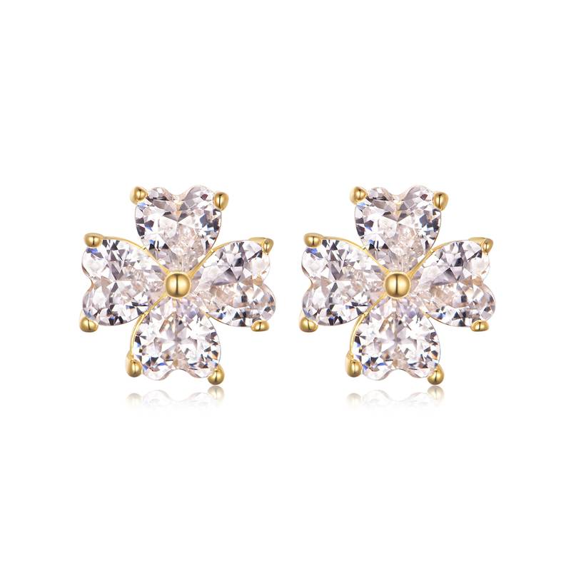 ME0023款S25银镀18K金心形Moissanite四叶草Stud Earring2.4ct/4.0mm