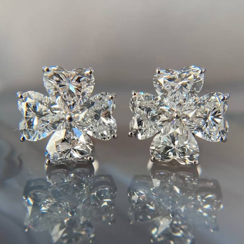 ME0023款S25银镀18K金心形Moissanite四叶草Stud Earring2.4ct/4.0mm