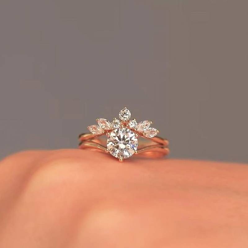 MR0144款S25银镀18K黄金圆形莫桑钻精致女套戒主石1.2ct/7.0mm