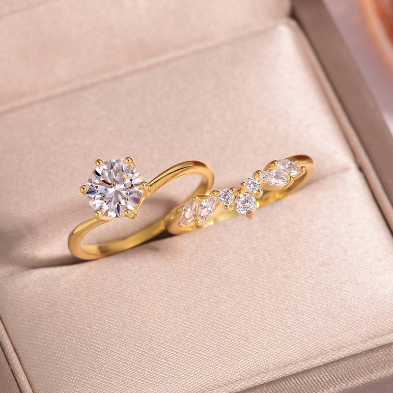 MR0144款S25银镀18K黄金圆形莫桑钻精致女套戒主石1.2ct/7.0mm