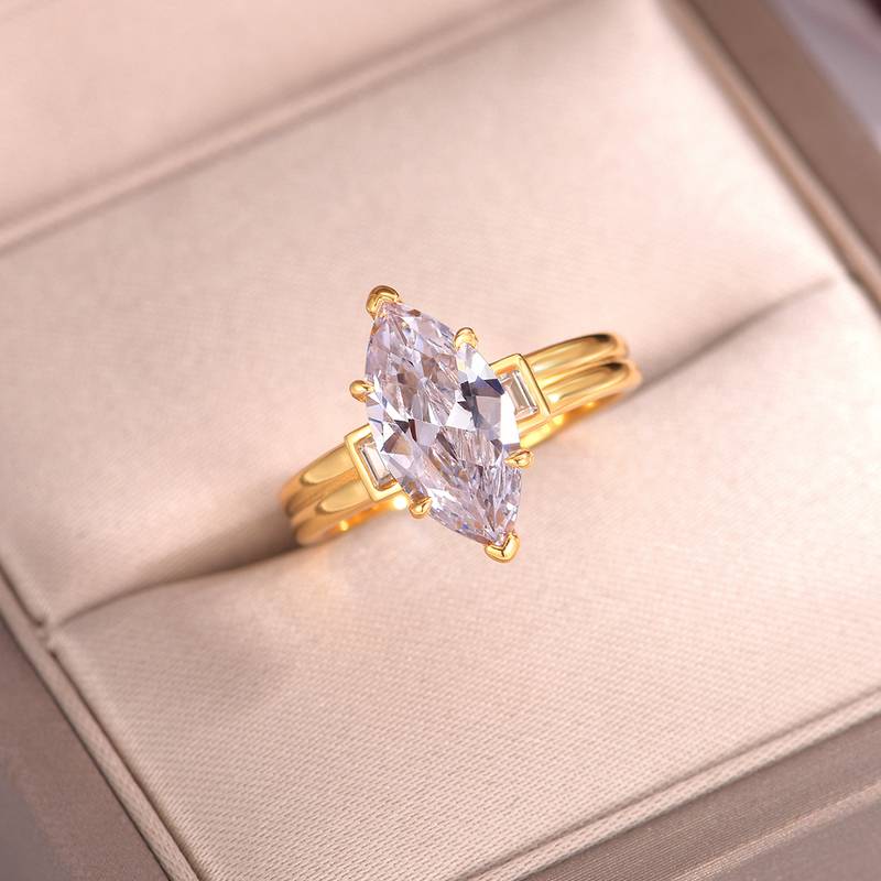 MR0148款S25银镀18K黄金豪华马眼形莫桑钻女戒主石3.0ct/14*7mm