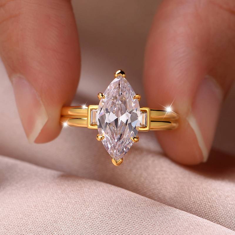 MR0148款S25银镀18K黄金豪华马眼形莫桑钻女戒主石3.0ct/14*7mm