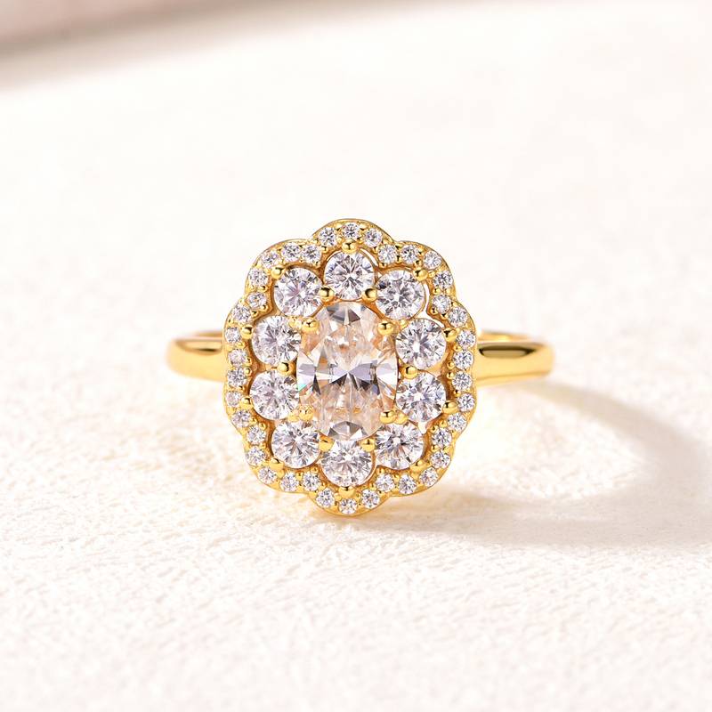 MR0151款S25银镀18K黄金蛋形Moissanite花型Women's Ring主石1.0ct/7*5mmmm
