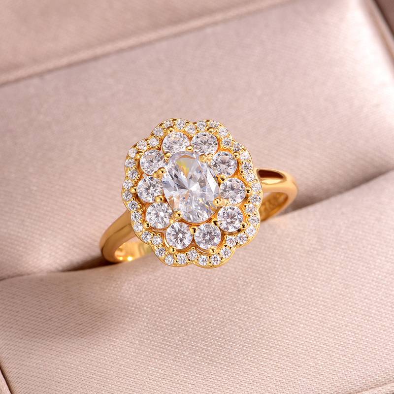 MR0151款S25银镀18K黄金蛋形Moissanite花型Women's Ring主石1.0ct/7*5mmmm