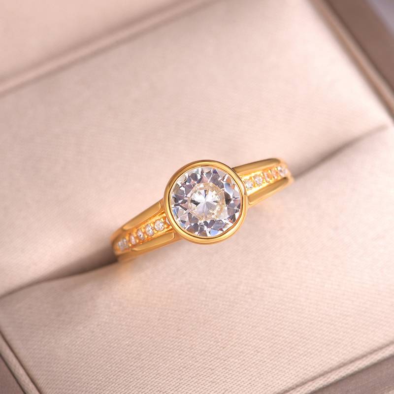MR0152款S25银镀18K黄金包镶圆形莫桑ExquisiteWomen's Ring主石1.2ct/7.0mm