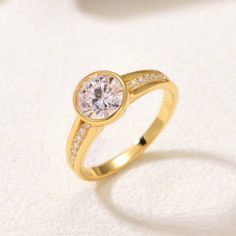 MR0152款S25银镀18K黄金包镶圆形莫桑ExquisiteWomen's Ring主石1.2ct/7.0mm