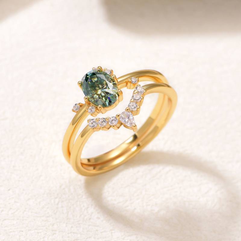 MR0153款S25银镀18K黄金蛋形蓝绿色MoissaniteExquisite女套戒主石1.0ct/7*5mmmm