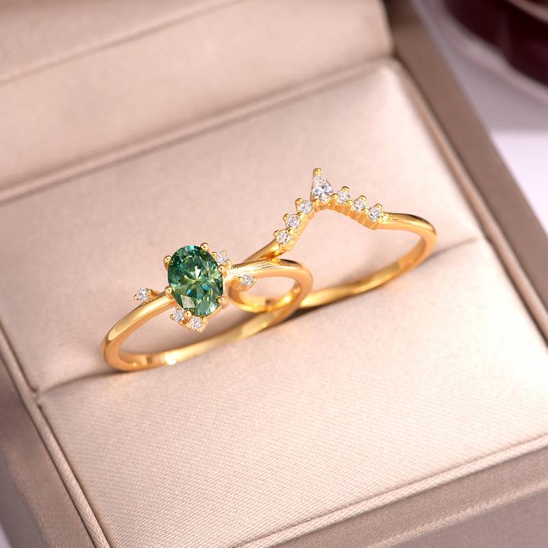 MR0153款S25银镀18K黄金蛋形蓝绿色MoissaniteExquisite女套戒主石1.0ct/7*5mmmm