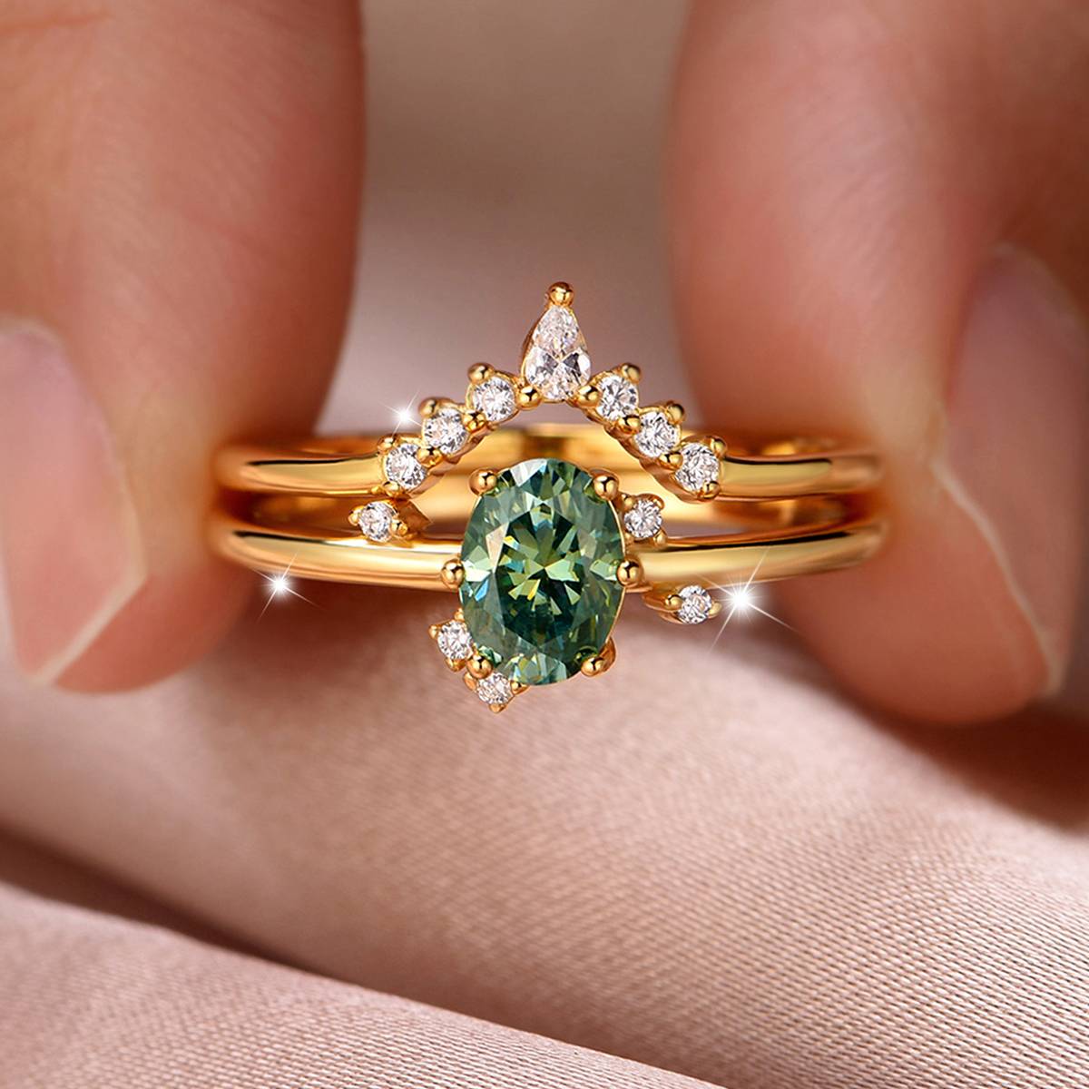 MR0153款S25银镀18K黄金蛋形蓝绿色MoissaniteExquisite女套戒主石1.0ct/7*5mmmm