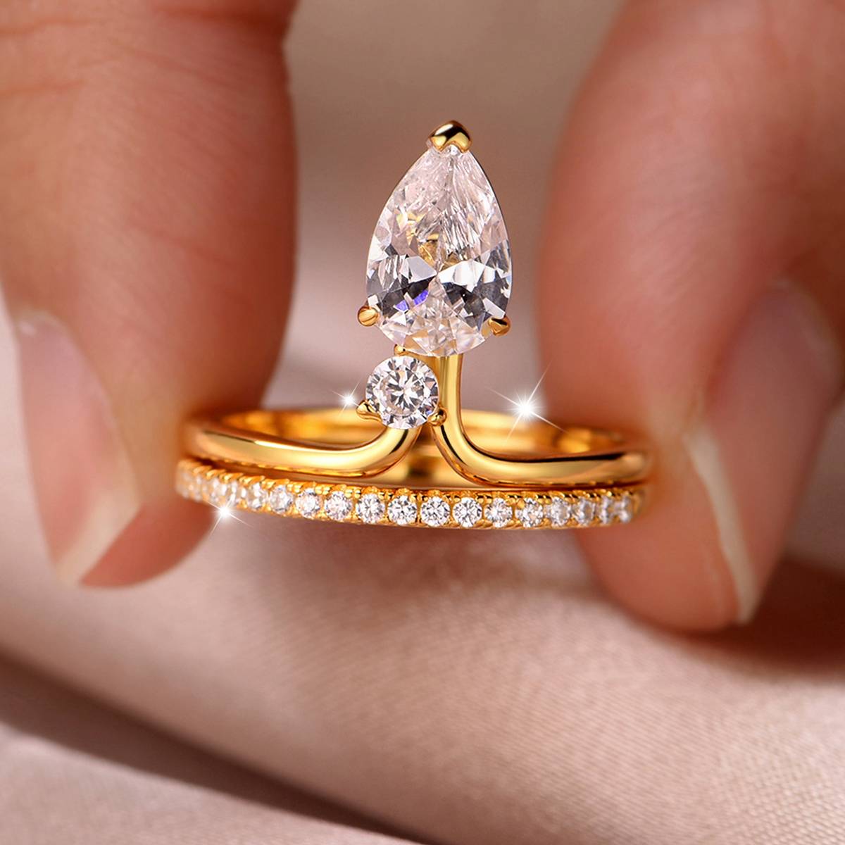 MR0154款S25银镀18K黄金水滴形Moissanite个性女套戒主石1.5ct/9*6mmmm