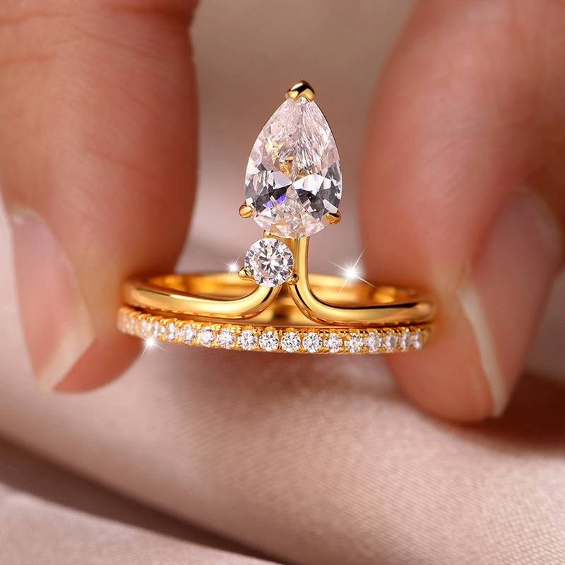 MR0154款S25银镀18K黄金水滴形Moissanite个性女套戒主石1.5ct/9*6mmmm