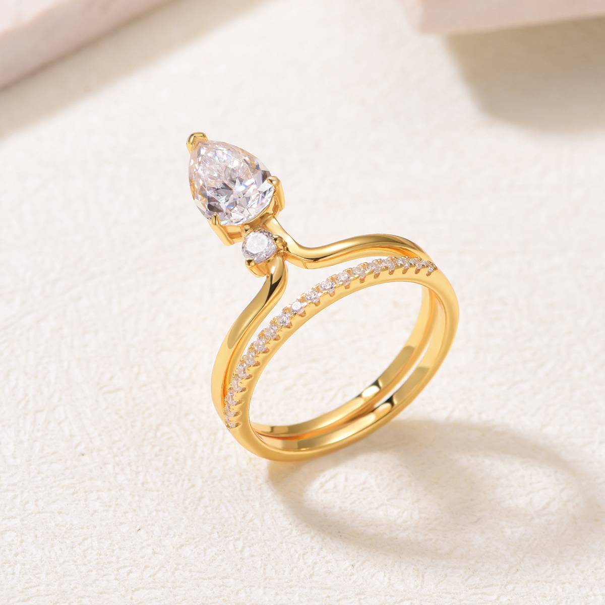 MR0154款S25银镀18K黄金水滴形Moissanite个性女套戒主石1.5ct/9*6mmmm