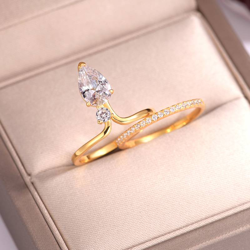 MR0154款S25银镀18K黄金水滴形Moissanite个性女套戒主石1.5ct/9*6mmmm