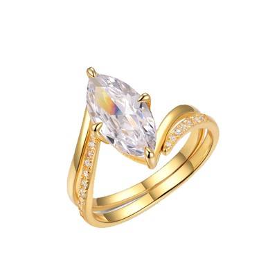 MR0155 S25 Silver Plated 18Yellow Gold Marquise Shaped Moissanite Exquisite Luxury Bridal Set, 3.0ct/14 * 7mm