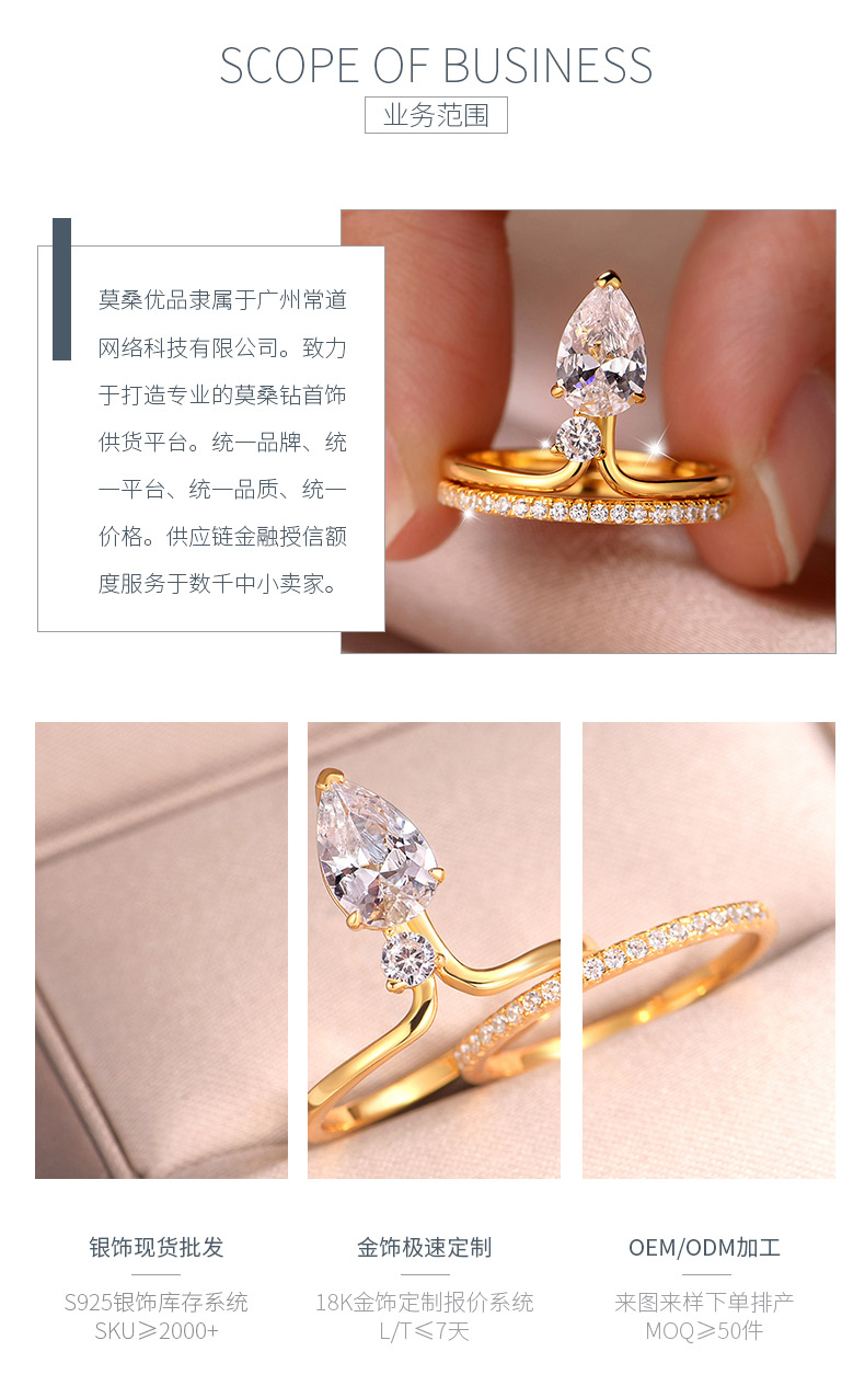 MR0154款S25银镀18K黄金水滴形莫桑钻个性女套戒主石1.5ct/9*6mm - 3