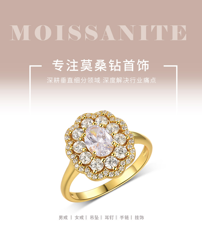 MR0151款S25银镀18K黄金蛋形莫桑钻花型女戒主石1.0ct/7*5mm - 1