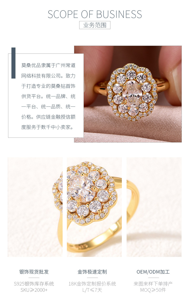 MR0151款S25银镀18K黄金蛋形莫桑钻花型女戒主石1.0ct/7*5mm - 3